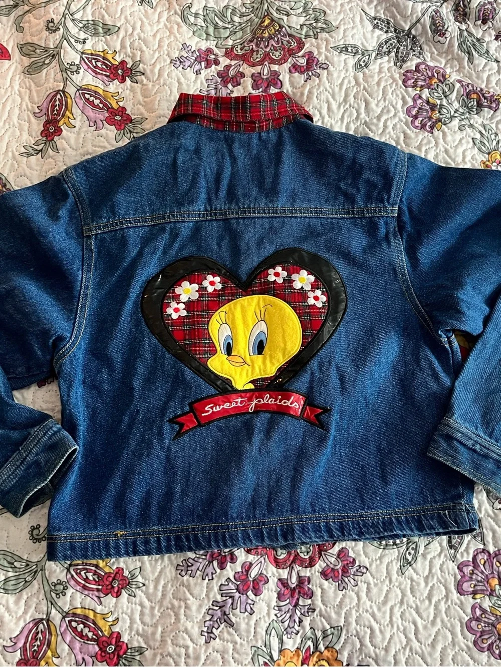 Vintage 1997 90’s Tweedy Bird Denim Jacket youth kids Size 14 Red Plaid Heart